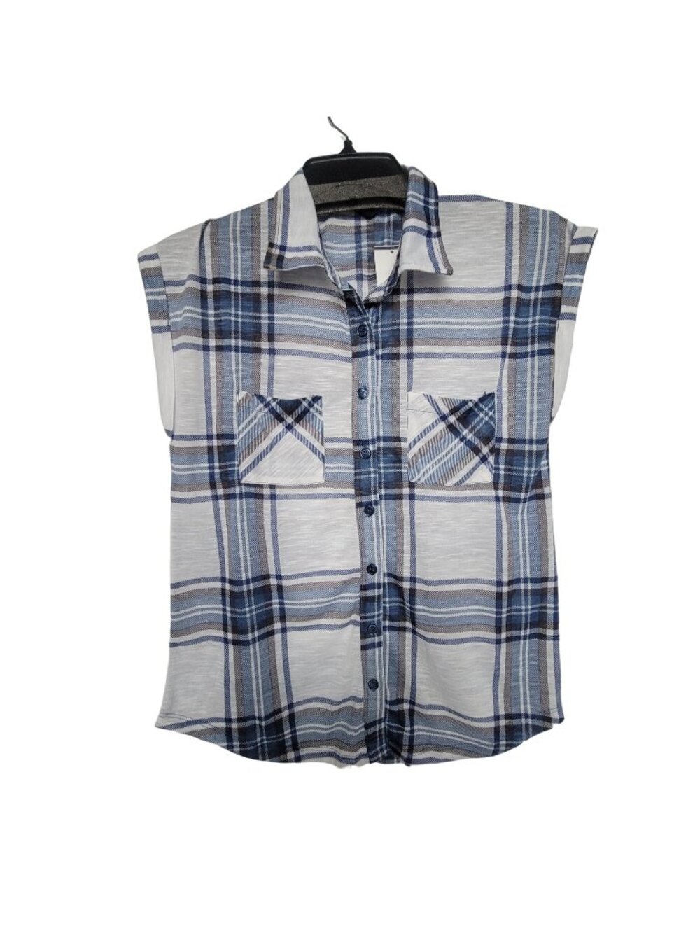 ✨Size S Derek Heart Women's Plaid Shirt Tunic Top Blouse Sleeveless White Blue